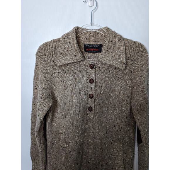 Vintage 80's Speckled Wool Blend Collared Henley Sweater Pockets Elbow Patches - Picture 3 of 9